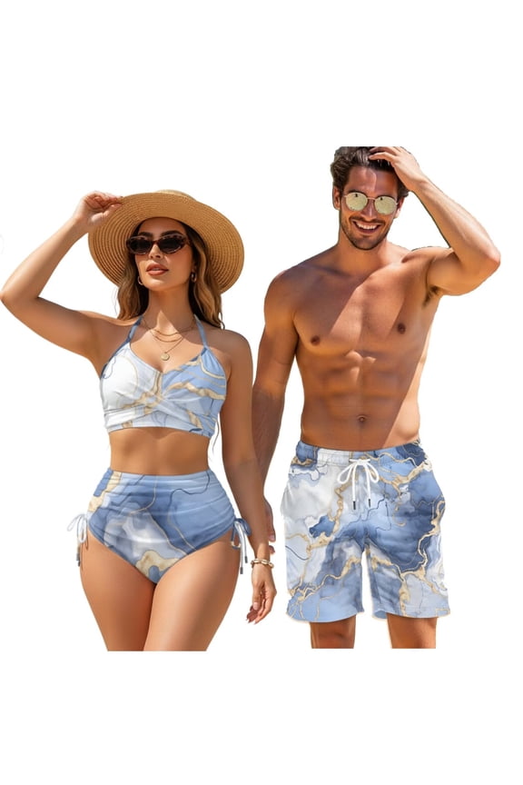 GEA-Psesaysky Matching Swimsuits for Couples Blue Golden Marble Bikini Sets for Women Sexy Cross Front Swimwear or Mens Beach Shorts 2 Piece Bathing Suit Family Bathing Suits Matching Sets-2XL