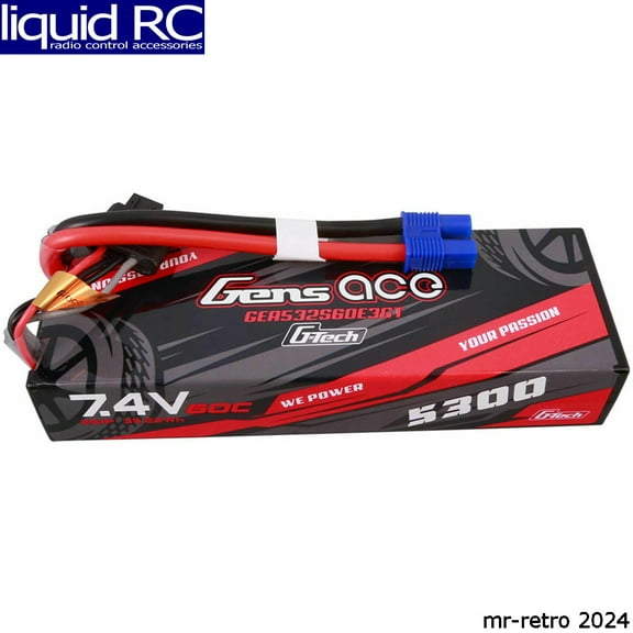 Gens Ace 5300mAh 2S1P 7.4V HardCase G-Tech Lipo Battery Pack 24# With EC3 Plug For RC Car