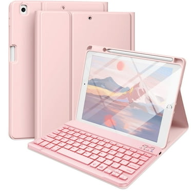 GEAK Compatible with Apple iPad 9th 8th 7th Generation Case with Keyboard 10.2 inch 7 Color Backlight Wireless Keyboard Case Cover with Pencil Holder for iPad Air 3rd Generation & Pro 10.5 inch, Pink