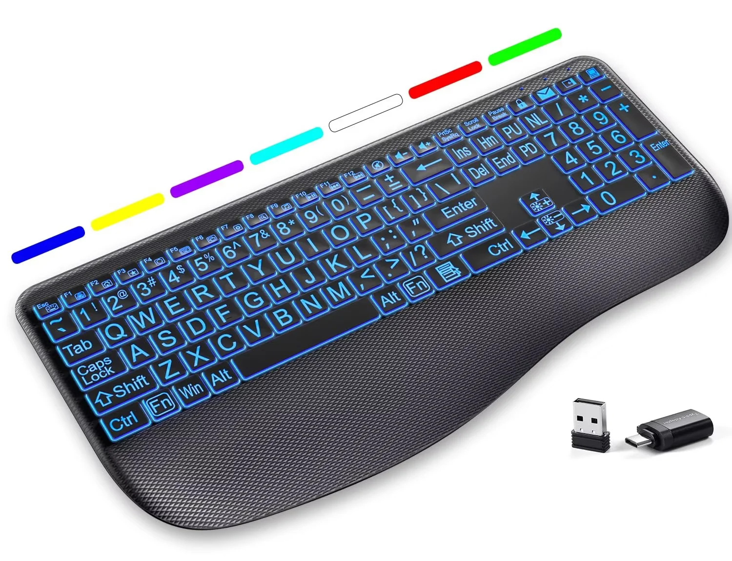 GEAK Large Print Wireless Keyboard, Full-Size Ergonomic Keyboard with Wrist Rest for Computer Keyboards, Rechargeable Silent Keyboard Gaming with 7-Color Backlit Light up Keys for Laptop Mac Windows