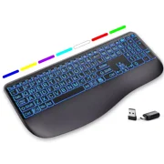 GEAK Large Print Wireless Keyboard, Full-Size Ergonomic Keyboard with Wrist Rest for Computer Keyboards, Rechargeable Silent Keyboard Gaming with 7-Color Backlit Light up Keys for Laptop Mac Windows