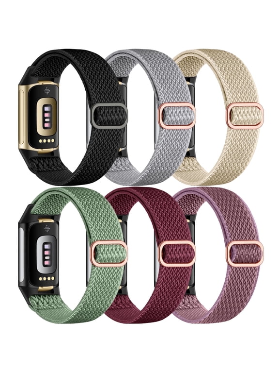 Compatible with Fitbit Charge 6/Charge 5 Bands for Women Men Stretchy Nylon Bands, 6 Pack