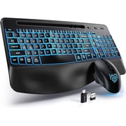 GEAK Wireless Keyboard and Mouse Comb, 2.4G Full Size Ergonomic Wave Keyboards with Wrist Rest, Quiet Backlit Mice, With Phone Holder, for Computer Tablet, Black