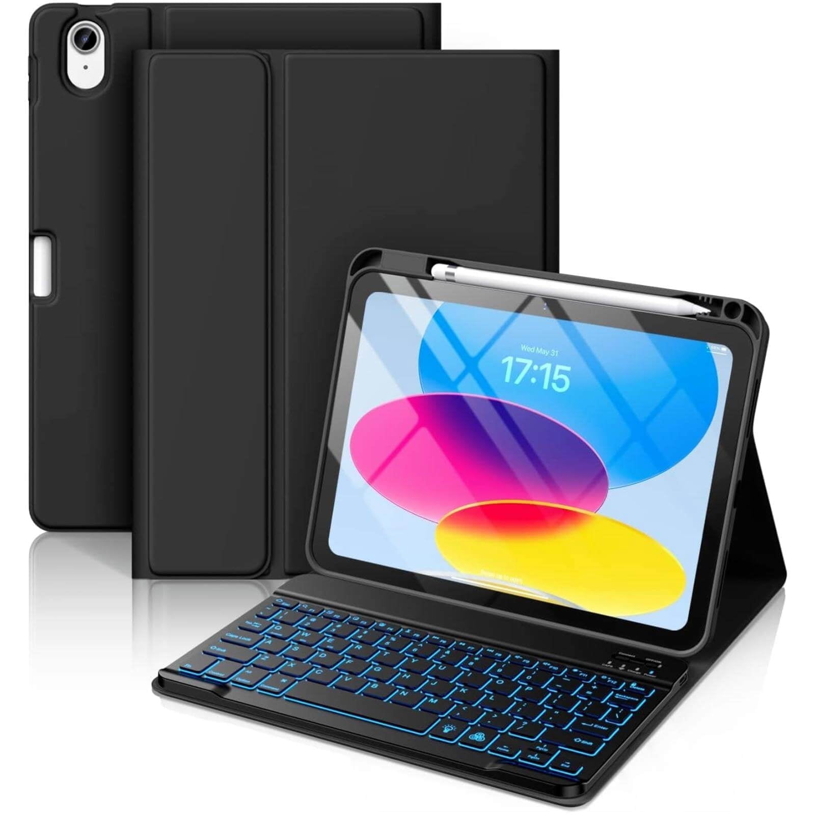 GEAK for iPad 11th (A16) 10th Generation Case with Keyboard, 7 Colors Backlit Detachable Keyboard with Pencil Holder for iPad (A16) 11th/10th Gen, Black