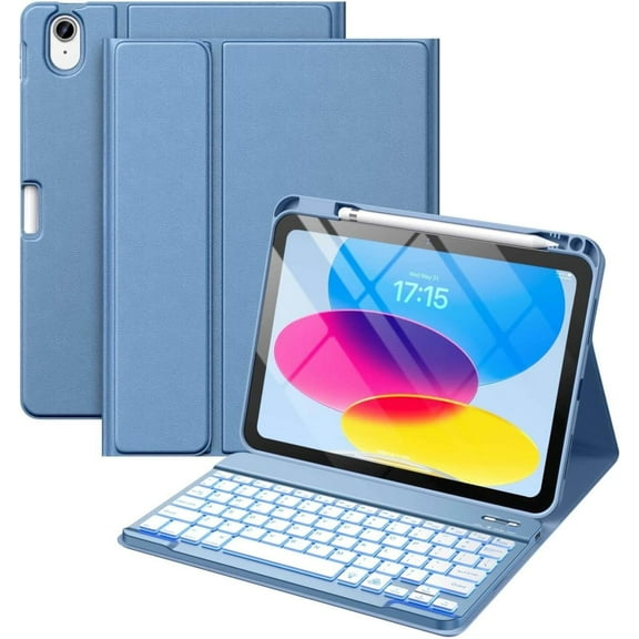 GEAK for iPad A16 11th 10th Generation Case with Keyboard, 7 Colors Backlit Detachable Folio Keyboard Cover with Pencil Holder for iPad 10th Gen 10.9 Inch/11th Gen 11 Inch, Blue