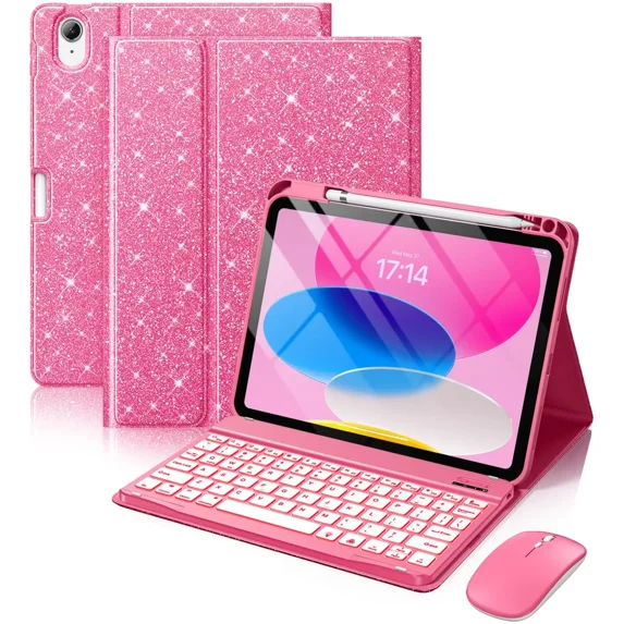 GEAK for iPad A16 11th 10th Generation Case with Keyboard & Mouse, Backlit Wireless Detachable Keyboard Glitter Folio Cover with Pencil Holder for iPad 11th Gen (A16) 11 inch & 10th Gen 10.9 inch