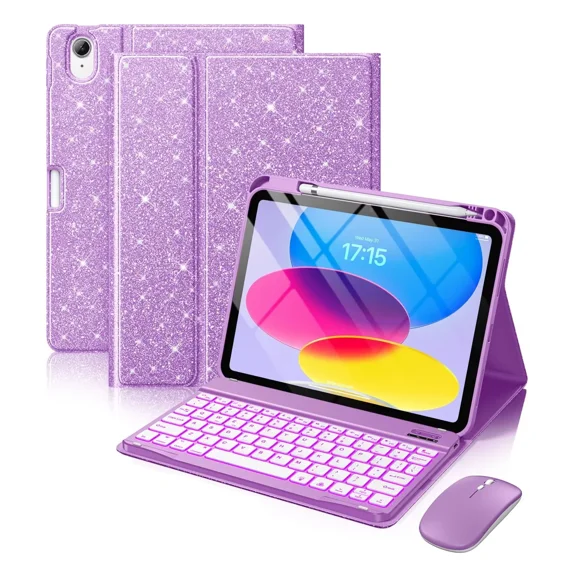 GEAK for iPad A16 11th 10th Generation Case with Keyboard & Mouse, Backlit Wireless Detachable Keyboard Glitter Folio Cover with Pencil Holder for iPad 11th Gen (A16) 11 inch & 10th Gen 10.9 inch