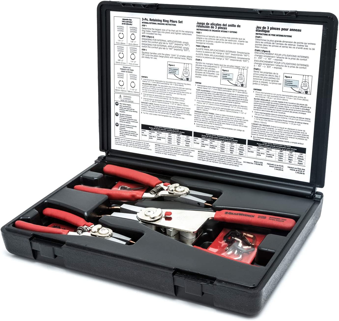 GEARWRENCH 3 Pc. Interchangeable Tip Convertible Retaining Ring Plier Set with Tips 68079G