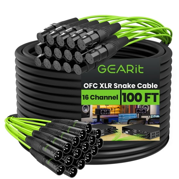 GEARit 16-Channel XLR Snake Cable (100 ft) - 100% Oxygen-Free Copper Snake Wire, Channel Labels, Metal XLR Connectors for Pro Audio - 100 Feet