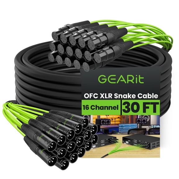 GEARit 16-Channel XLR Snake Cable (30 ft) - 100% Oxygen-Free Copper Snake Wire, Channel Labels, Metal XLR Connectors for Pro Audio - 30 Feet