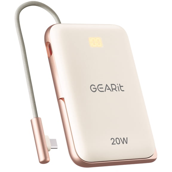 GEARit 2-in-1 10000mAh Power Bank - Magnetic Battery Pack with Compatible with MagSafe, iPhone, Android - Portable Phone Charger with Built-in USB-C Cable, Kickstand - Wireless Charging Stand - Tan