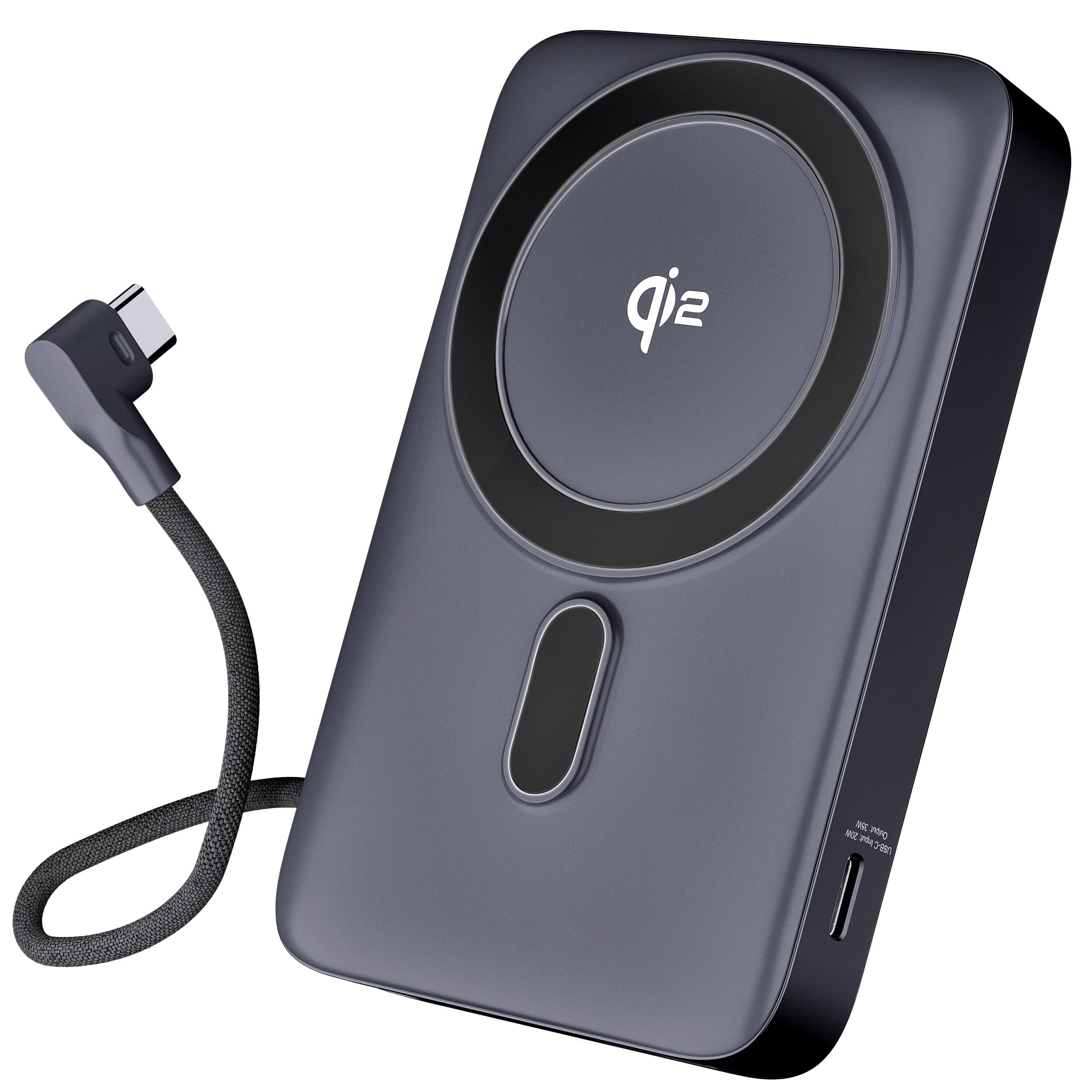 GEARit 10000mAh Qi2 Portable Charger Wireless Power Bank with Built-In USB-C Cable Compact Battery Pack for iPhone & Android