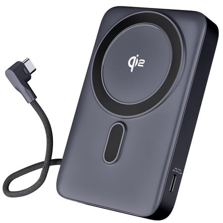 GEARit 10000mAh Qi2 Portable Charger Wireless Power Bank with Built-In USB-C Cable Compact Battery Pack for iPhone & Android