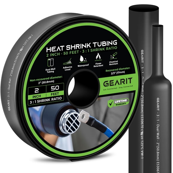 GEARit 2 inch Heat Shrink Tubing - 3:1 Ratio Adhesive Lined, Marine-Grade Waterproof Industrial Shrink Wrap, Dual-Wall Tubing, UL Approved - 50FT Roll - Black