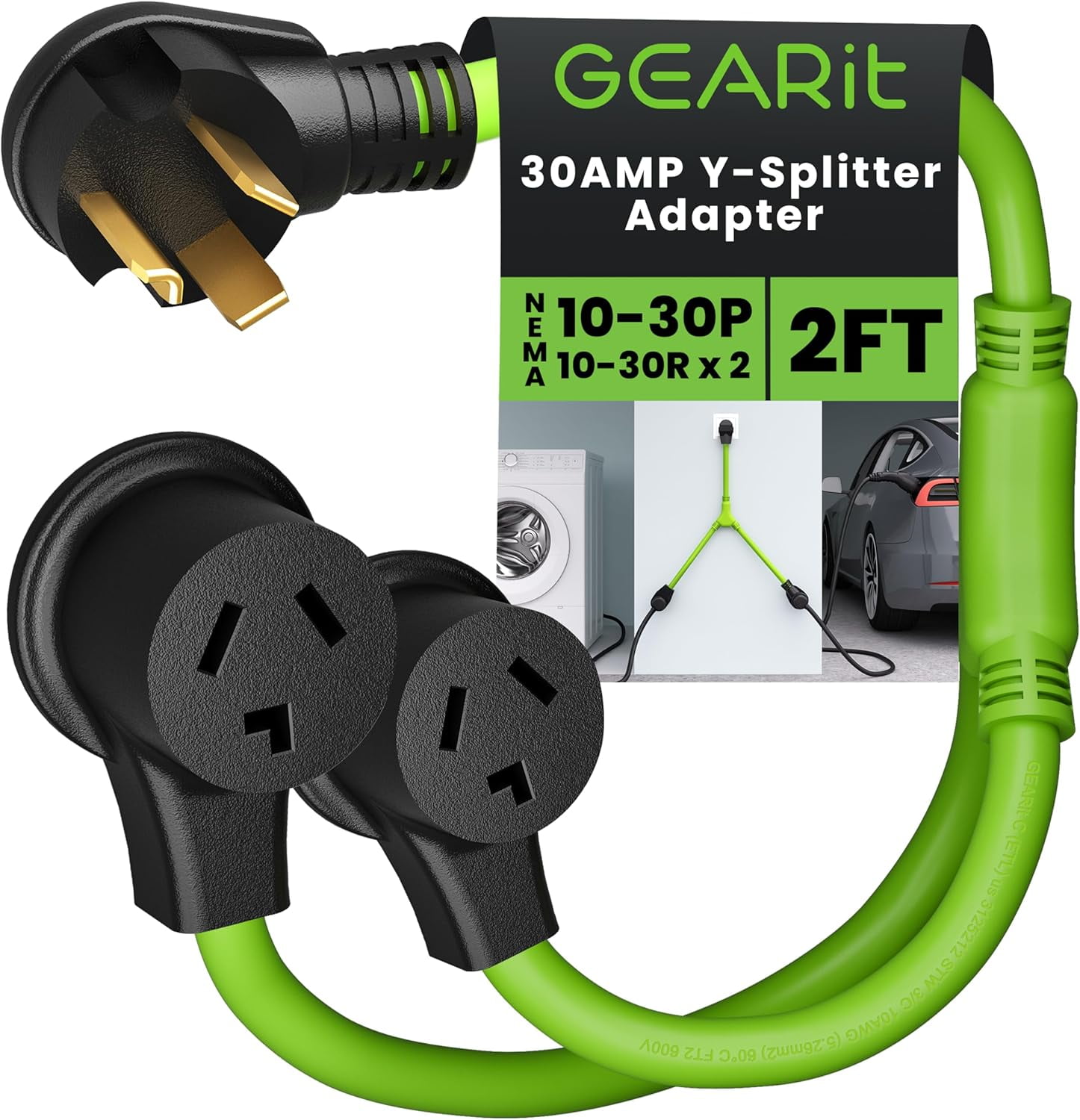 GEARit 3 Prong Dryer Cord 30 Amp Adapter Y-Splitter 10-30P to 2x 10-30R Receptacles, 2.2 Ft STW 10awg Power Cord for Dryer & EV Charger