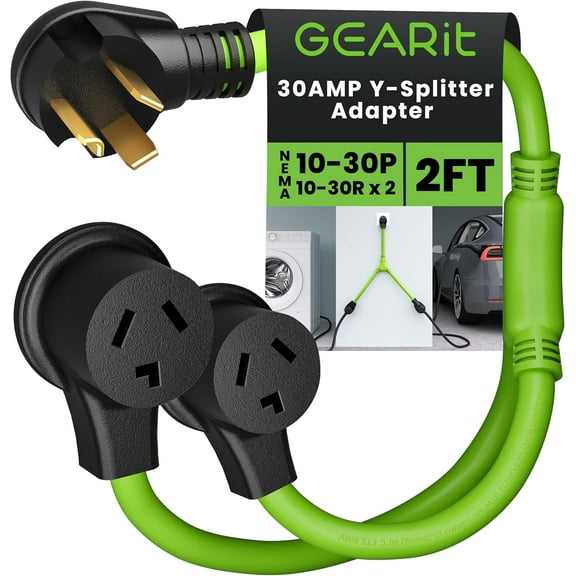 GEARit 3 Prong Dryer Y- Splitter 30 Amp NEMA 10-30P to (2) NEMA 10-30R Receptacle - STW 10AWG 3C Power Cord Adapter for Multiple Outlet Dryer Outlet and EV Charger - 2.2 Feet