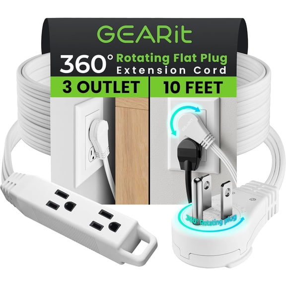 GEARit 360 Rotating Flat Plug 3 Outlet Extension Cord (10ft, White) Adapter for Small Spaces, Right Angle Socket, ETL Certified - 10 Feet