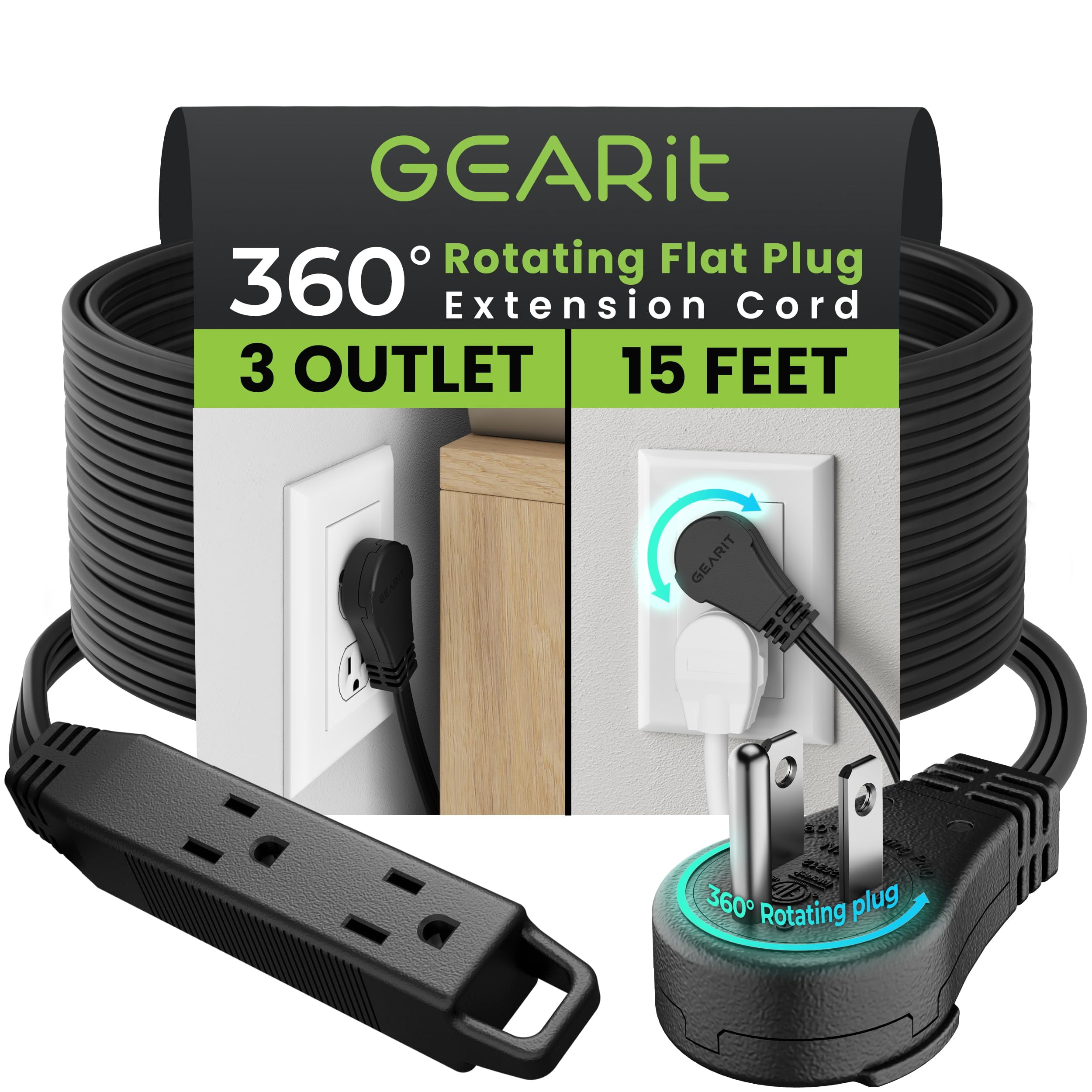 Multi Angled Socket Extension GEARit 360 Rotating Flat Plug Extension Cord (15ft, Black) Multi 3 ...