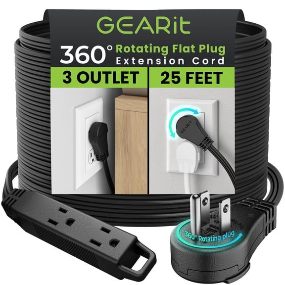 GEARit 360 Rotating Flat Plug Extension Cord (25ft, Black) Multi 3-Outlet Extension 16 AWG Wire, Adapter for Small Spaces, Right Angle Socket, ETL Certified - 25 Feet