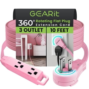 GEARit 360 Rotating Flat Plug Extension Cord with 3 Outlets (10ft, Pink) 16AWG/13A 3 Prong Wire, Outlet Saver for Home Office Dorm Room Essentials, ETL Certified