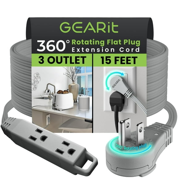 GEARit 360 Rotating Flat Plug Extension Cord with 3 Outlets (15ft, Gray) 16AWG/13A 3 Prong Wire, Outlet Saver for Home Office Dorm Room Essentials, ETL Certified
