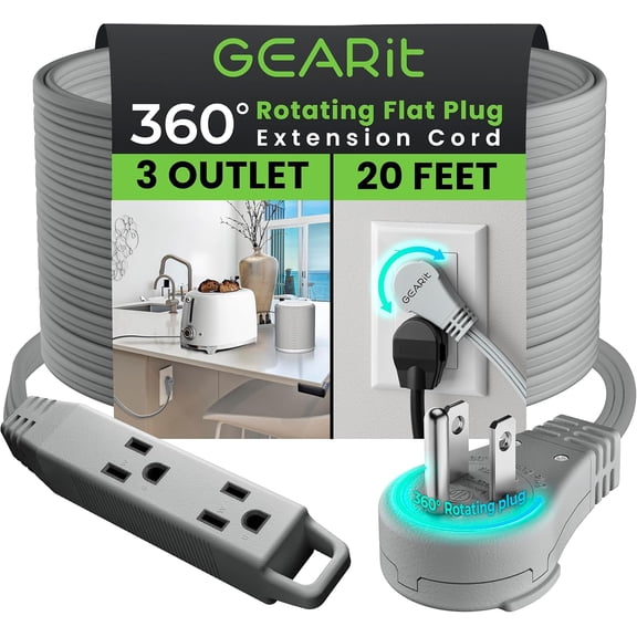 GEARit 360 Rotating Flat Plug Extension Cord with 3 Outlets (20ft, Gray) Outlet Saver for Home Office Dorm Room Essentials, ETL Certified