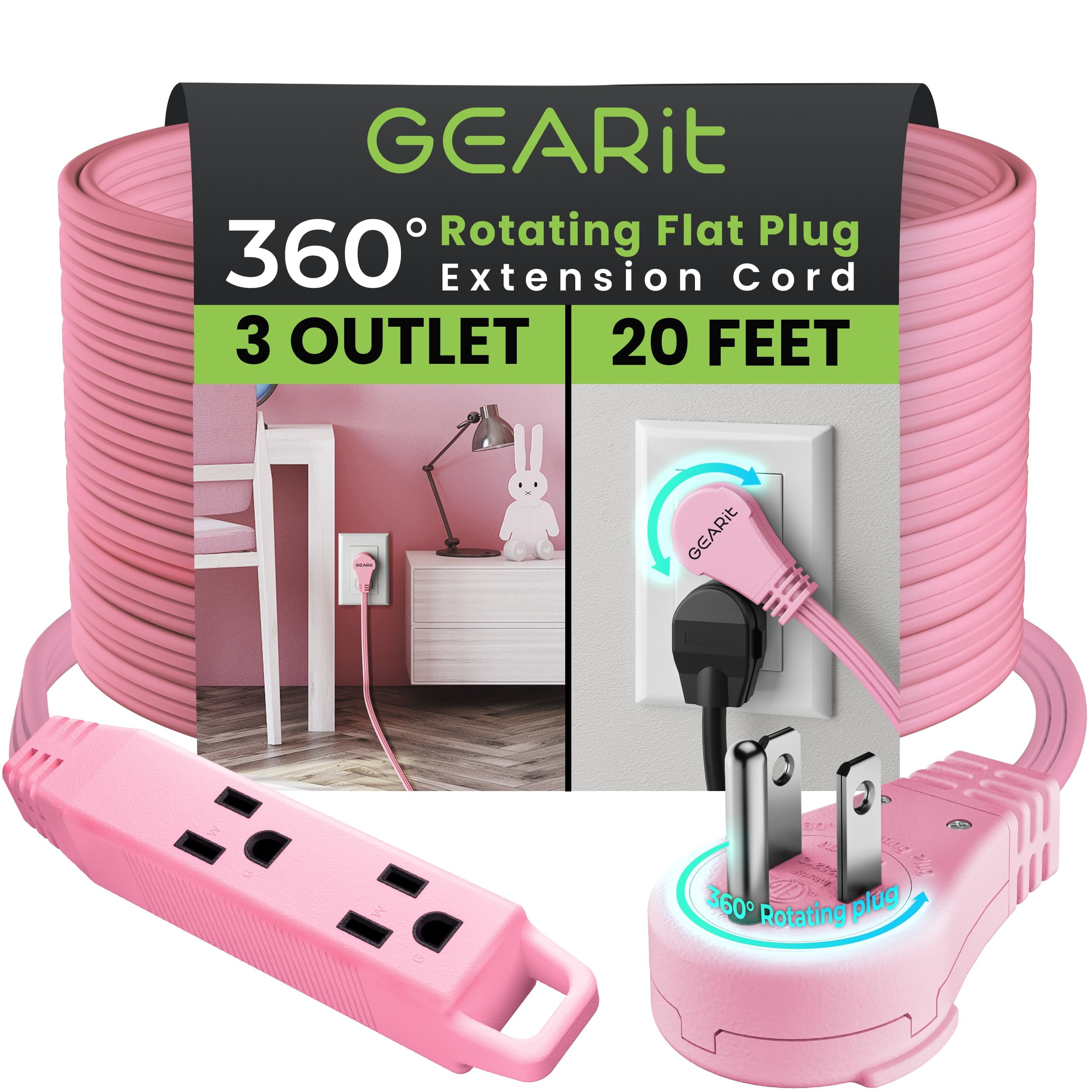 GEARit 360 Rotating Flat Plug Extension Cord with 3 Outlets (20ft, Pink ...