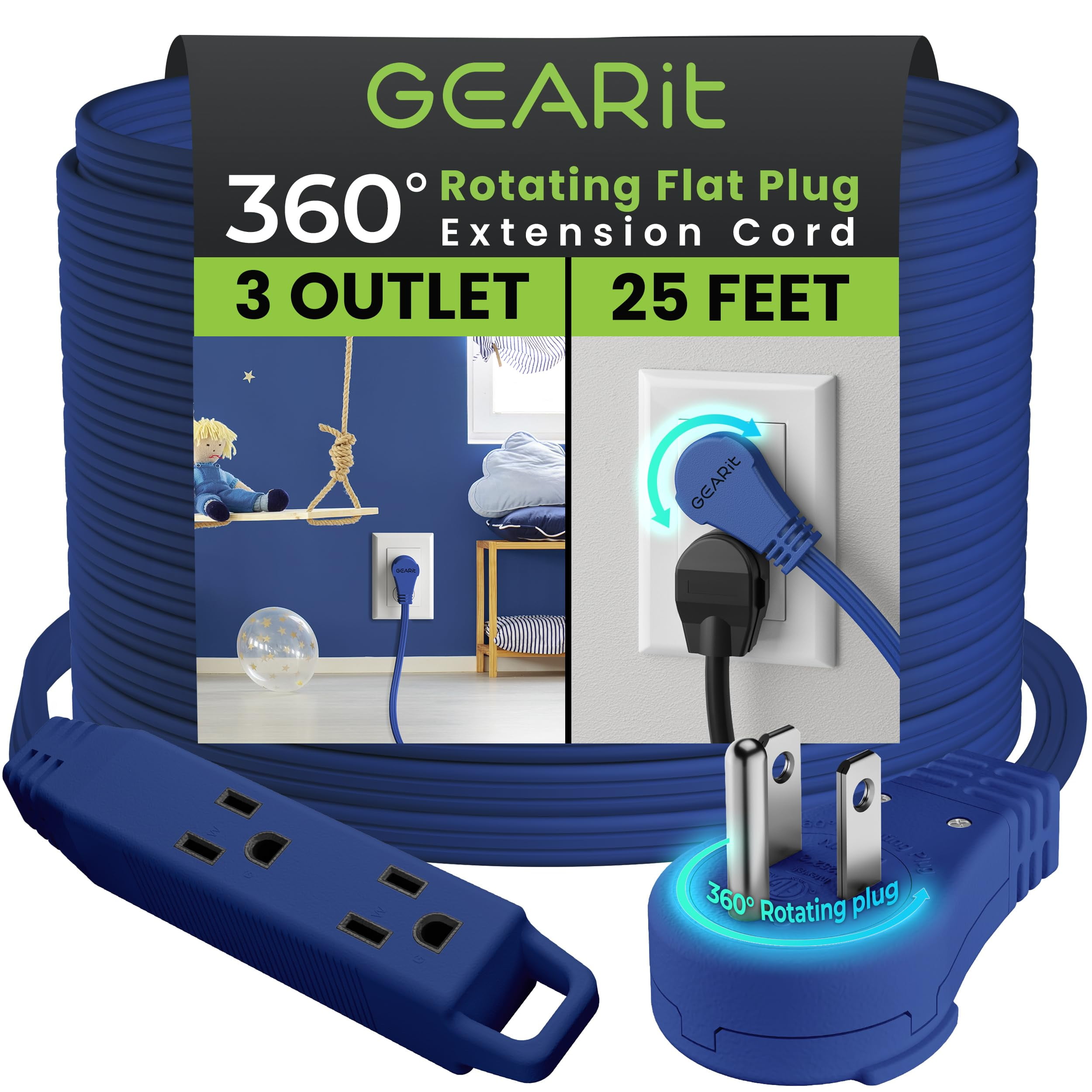 GEARit 360 Rotating Flat Plug Extension Cord with 3 Outlets (25ft, Navy) 16AWG/13A 3 Prong Wire, Outlet Saver for Home Office Dorm Room Essentials, ETL Certified