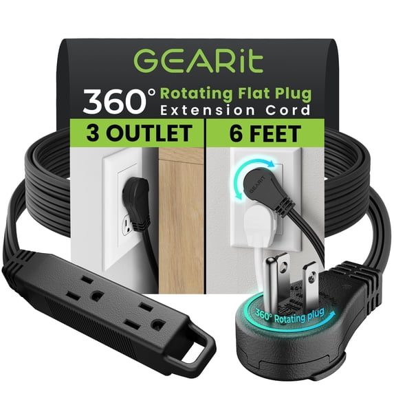 GEARit 360 Rotating Flat Plug Extension Cord (6ft, Black) Multi 3-Outlet Extension 16 AWG Wire, Adapter for Small Spaces, Right Angle Socket, ETL Certified - 6 Feet