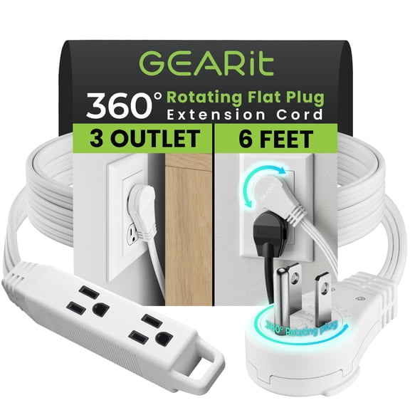 GEARit 360 Rotating Flat Plug Extension Cord (6ft, White) Multi 3-Outlet Extension 16 AWG Wire, Adapter for Small Spaces, Right Angle Socket, ETL Certified - 6 Feet