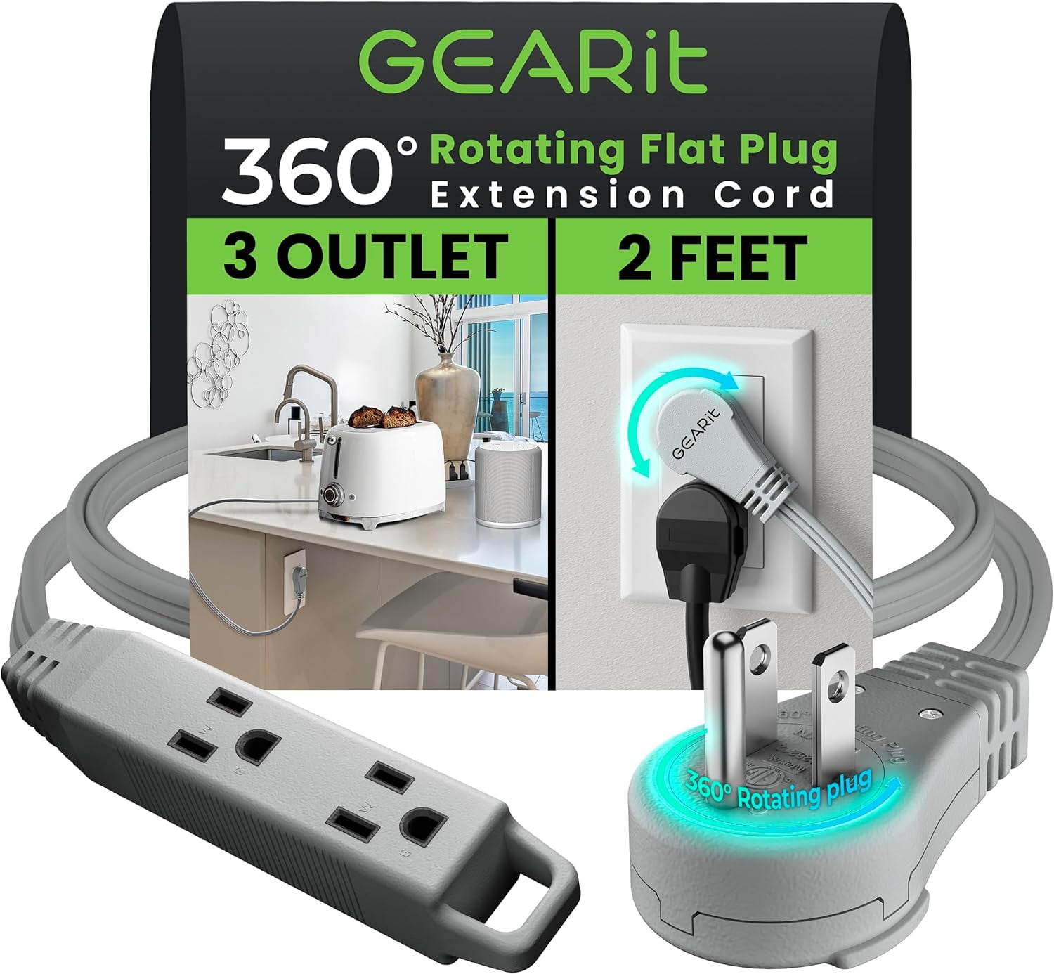 Shorted Plug Device GEARit 360 Rotating Flat Plug Short Extension Cord with 3 Outlets (2ft ...
