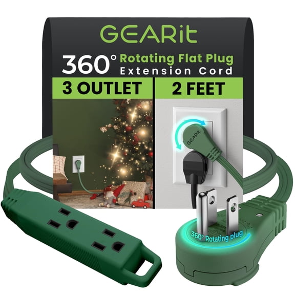 GEARit 360 Rotating Flat Plug Short Extension Cord with 3 Outlets (2ft, Green) 16AWG/13A 3 Prong Wire, Outlet Saver for Home Office Dorm Room Essentials, ETL Certified