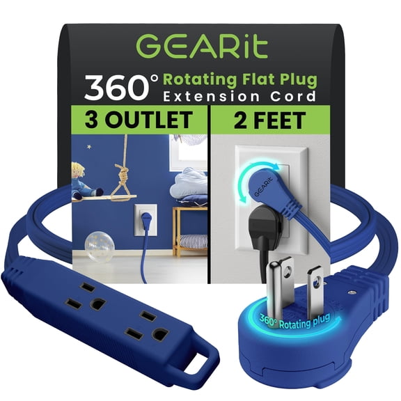 GEARit 360 Rotating Flat Plug Short Extension Cord with 3 Outlets (2ft, Navy) 16AWG/13A 3 Prong Wire, Outlet Saver for Home Office Dorm Room Essentials, ETL Certified