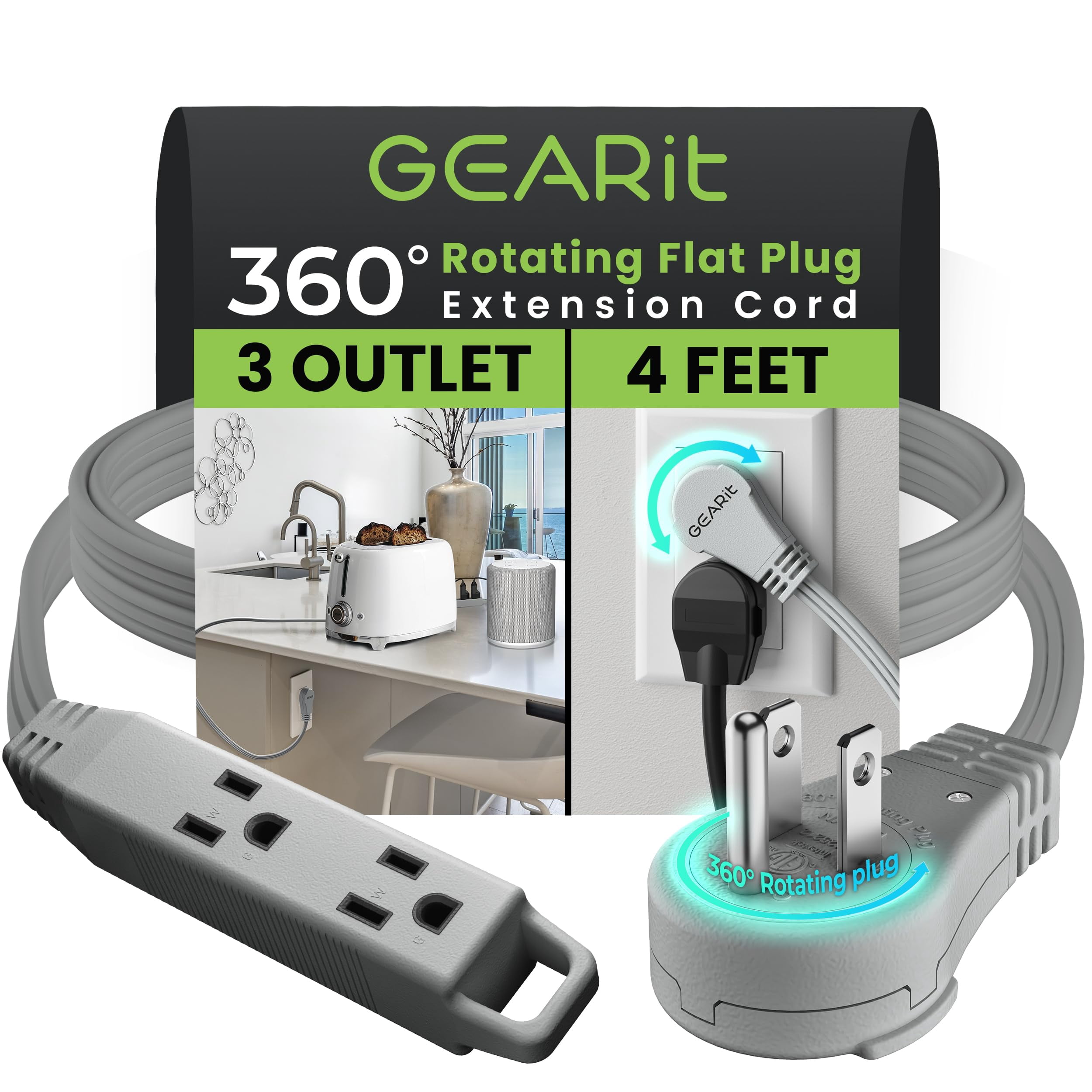 Shorted Plug Device GEARit 360 Rotating Flat Plug Short Extension Cord with 3 Outlets (4ft ...