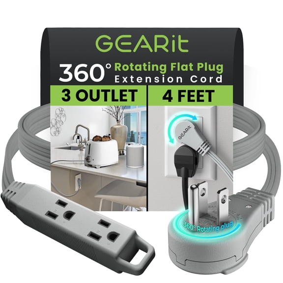GEARit 360 Rotating Flat Plug Short Extension Cord with 3 Outlets (4ft, Gray) 16AWG/13A 3 Prong Wire, Outlet Saver for Home Office Dorm Room Essentials, ETL Certified