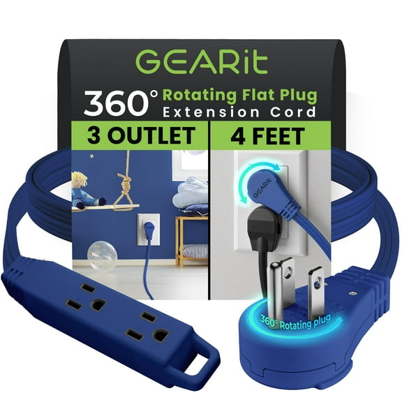 GEARit 360 Rotating Flat Plug Short Extension Cord with 3 Outlets (4ft, Navy) 16AWG/13A 3 Prong Wire, Outlet Saver for Home Office Dorm Room Essentials, ETL Certified