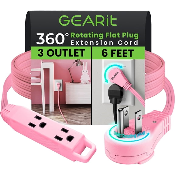 GEARit 360 Rotating Flat Plug Short Extension Cord with 3 Outlets (6ft, Pink) Outlet Saver for Home Office Dorm Room Essentials, ETL Certified