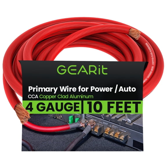 GEARit 4 Gauge Wire (10ft - Red Translucent) Copper Clad Aluminum CCA - Primary Automotive Wire Power/Ground, Battery Cable, Car Audio Speaker, RV Trailer, Amp, Electrical 4ga AWG 10 Feet