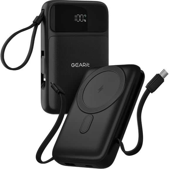 GEARit 5-in-1 10000mAh Power Bank Portable Charger - Wireless Charging, Built-in USB-C & Lightning Cables, MagSafe Compatible
