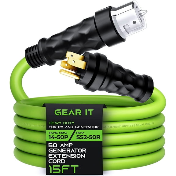 GEARit 50-Amp Generator Extension Cord (15 Ft) Inline NEMA 14-50P to SS2-50R Twist Lock Connector STW 6/3+8/1 AWG 125/250V for 50A Power Inlet Box, RV Camper, Generator to House - 15 feet