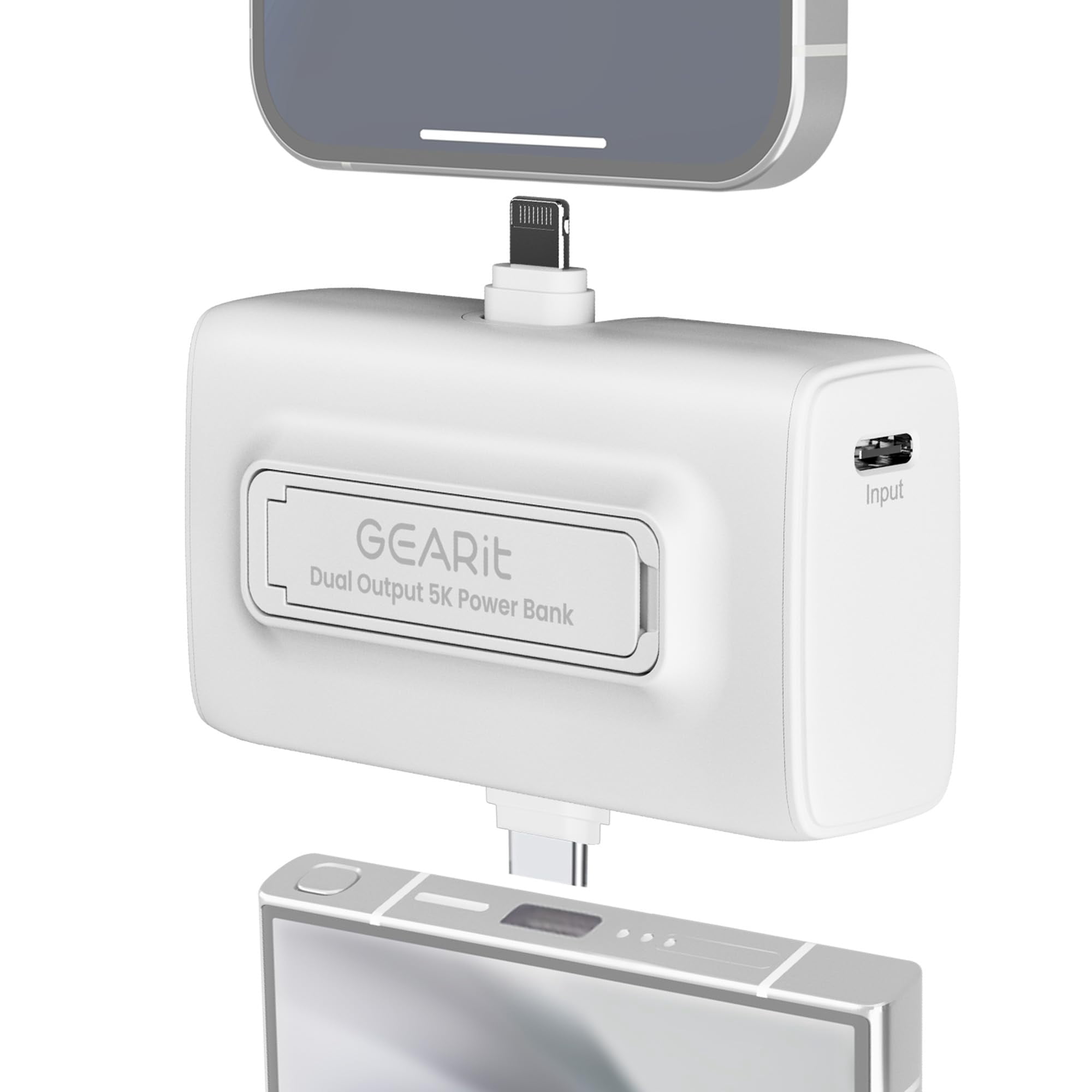 GEARit 5000mah Power Bank - Dual Output, Mini Battery Pack with Integrated USB-C and Lightning Connectors - Compact, Small Portable Charger Compatible - White