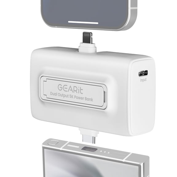 GEARit 5000mah Power Bank - Dual Output, Mini Battery Pack with Integrated USB-C and Lightning Connectors - Compact, Small Portable Charger Compatible - White
