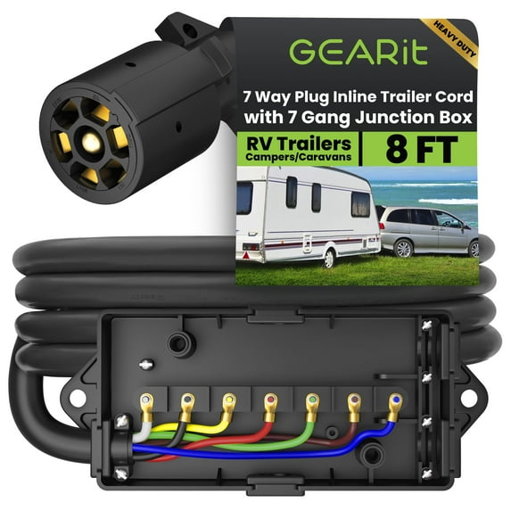GEARit 7 Way Plug Inline Trailer Cord (8 Feet) with 7 Gang Junction Box - Weatherproof Wiring Harness Cable with Waterproof Junction Box for RV Trailers and Campers - 8Ft