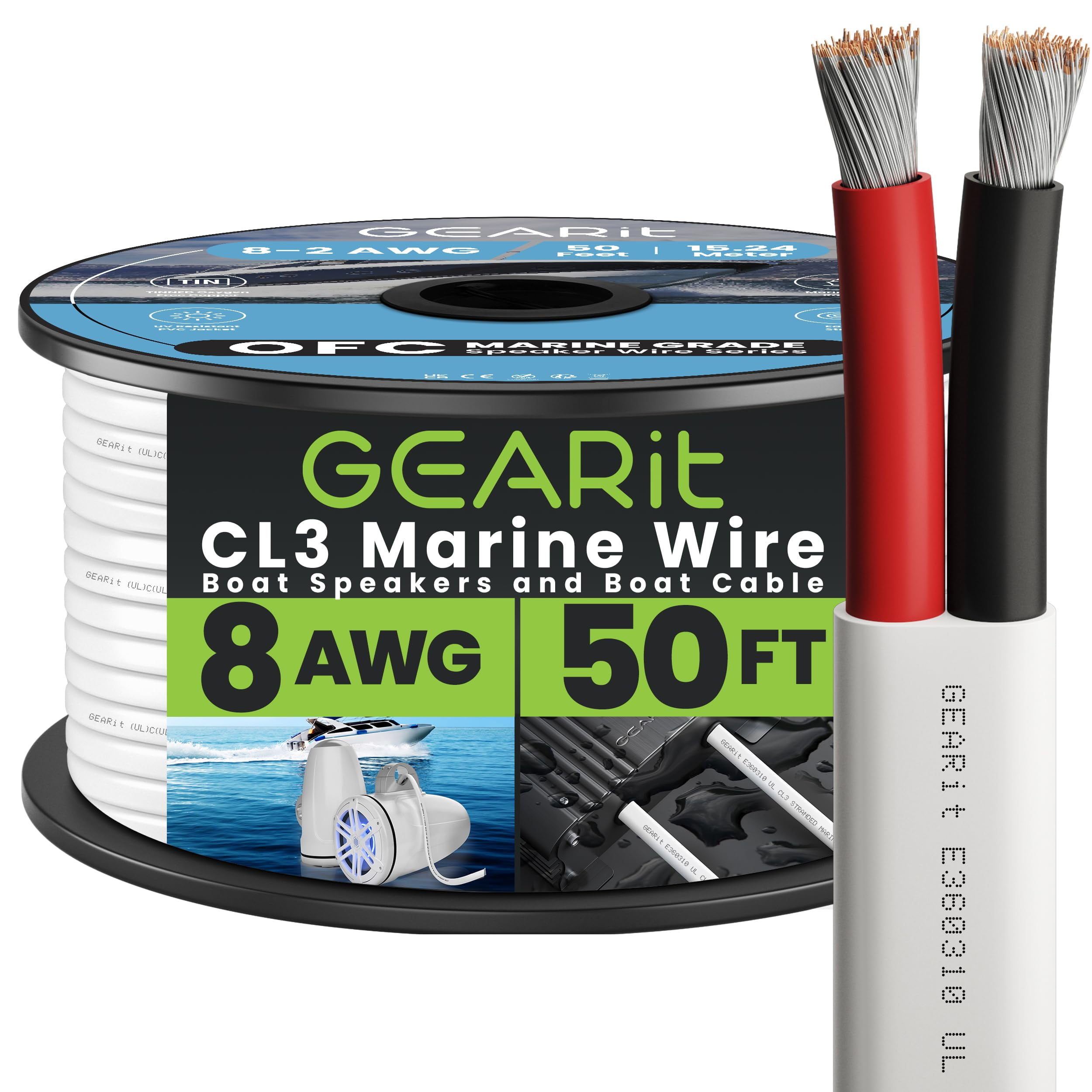GEARit 8 Gauge Marine Wire, 8/2 AWG (50ft) Marine Grade Tinned Copper Oxygen Free, Duplex 2-Conductor Insulated Red & Black Electrical Cable for Boat, Automotive, RV, Camper, Trailer