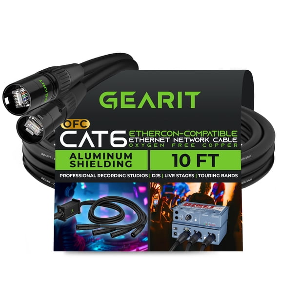 GEARit CAT6 Ethernet Cable, EtherCON-Compatible (10 Feet) RJ45 Connectors for Pro Audio, Aluminum Shielded, Oxygen Free Copper - 10 ft. - Black