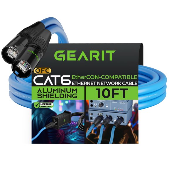 GEARit CAT6 Ethernet Cable, EtherCON-Compatible (10 Feet) RJ45 Connectors for Pro Audio, Aluminum Shielded, Oxygen Free Copper - 10 ft. - Blue