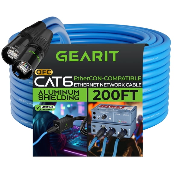 GEARit CAT6 Ethernet Cable, EtherCON-Compatible (200 Feet) RJ45 Connectors for Pro Audio, Aluminum Shielded, Oxygen Free Copper - 200 ft. - Blue
