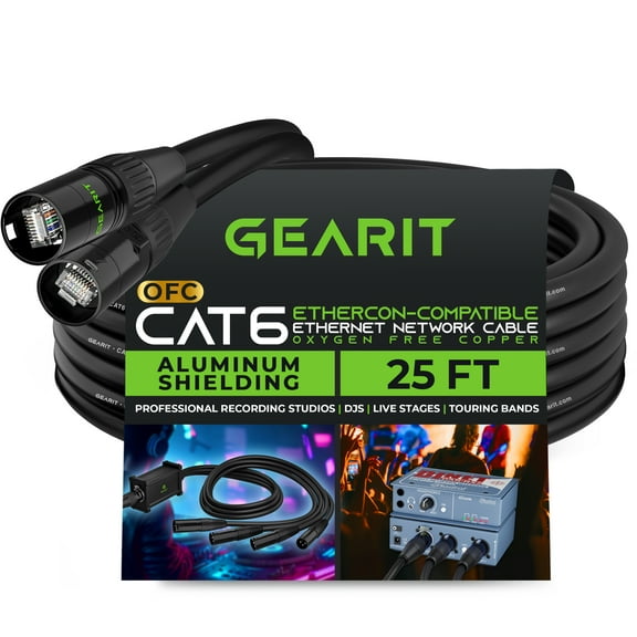 GEARit CAT6 Ethernet Cable, EtherCON-Compatible (25 Feet) RJ45 Connectors for Pro Audio, Aluminum Shielded, Oxygen Free Copper - 25 ft. - Black