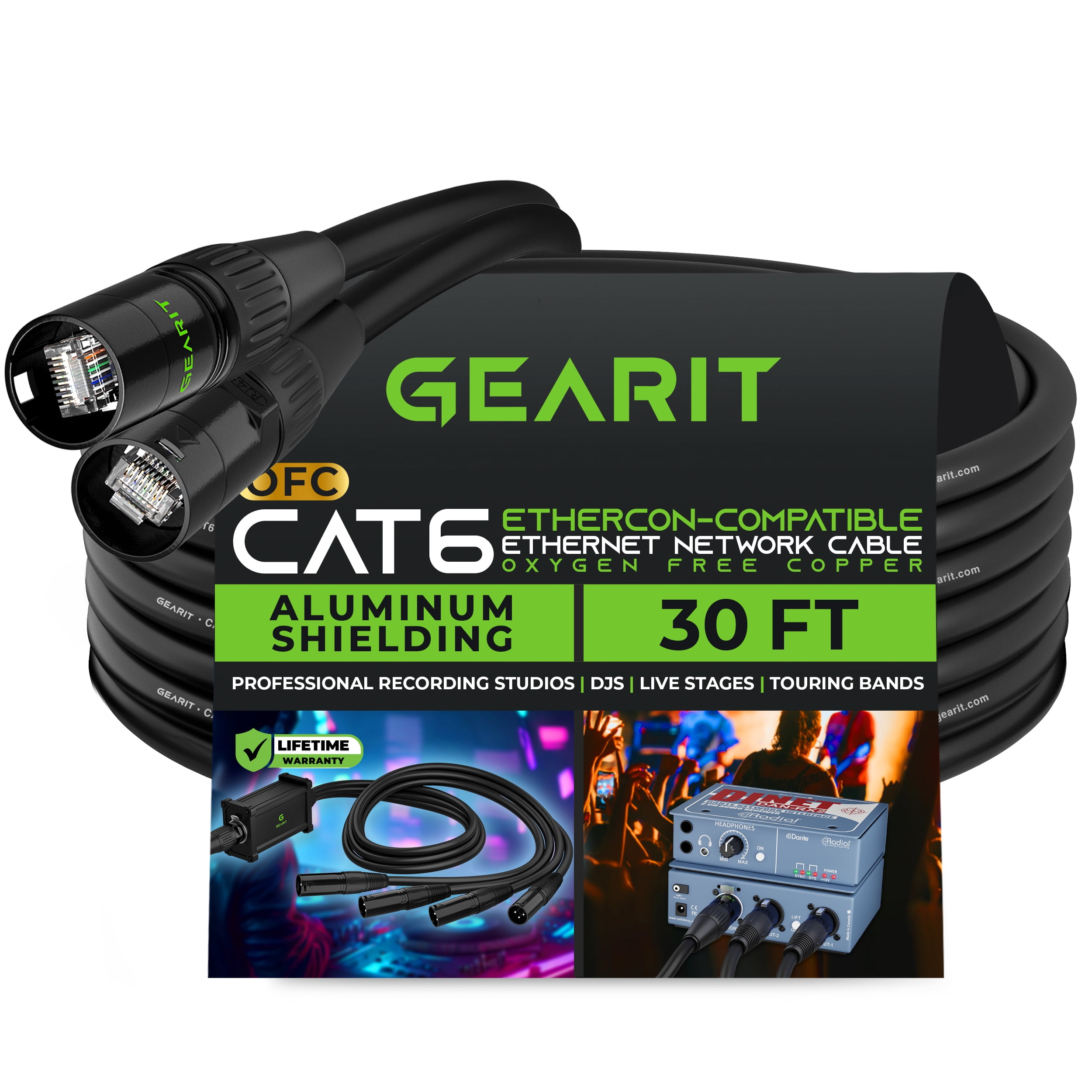 GEARit CAT6 Ethernet Cable, EtherCON-Compatible (30 Feet) RJ45 Connectors for Pro Audio, Aluminum Shielded, Oxygen Free Copper - 30 ft. - Black