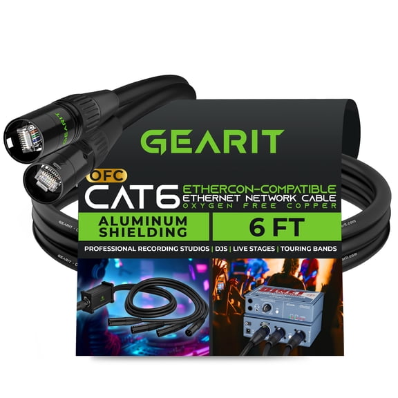 GEARit CAT6 Ethernet Cable, EtherCON-Compatible (6 Feet) RJ45 Connectors for Pro Audio, Aluminum Shielded, Oxygen Free Copper - 6 ft. - Black
